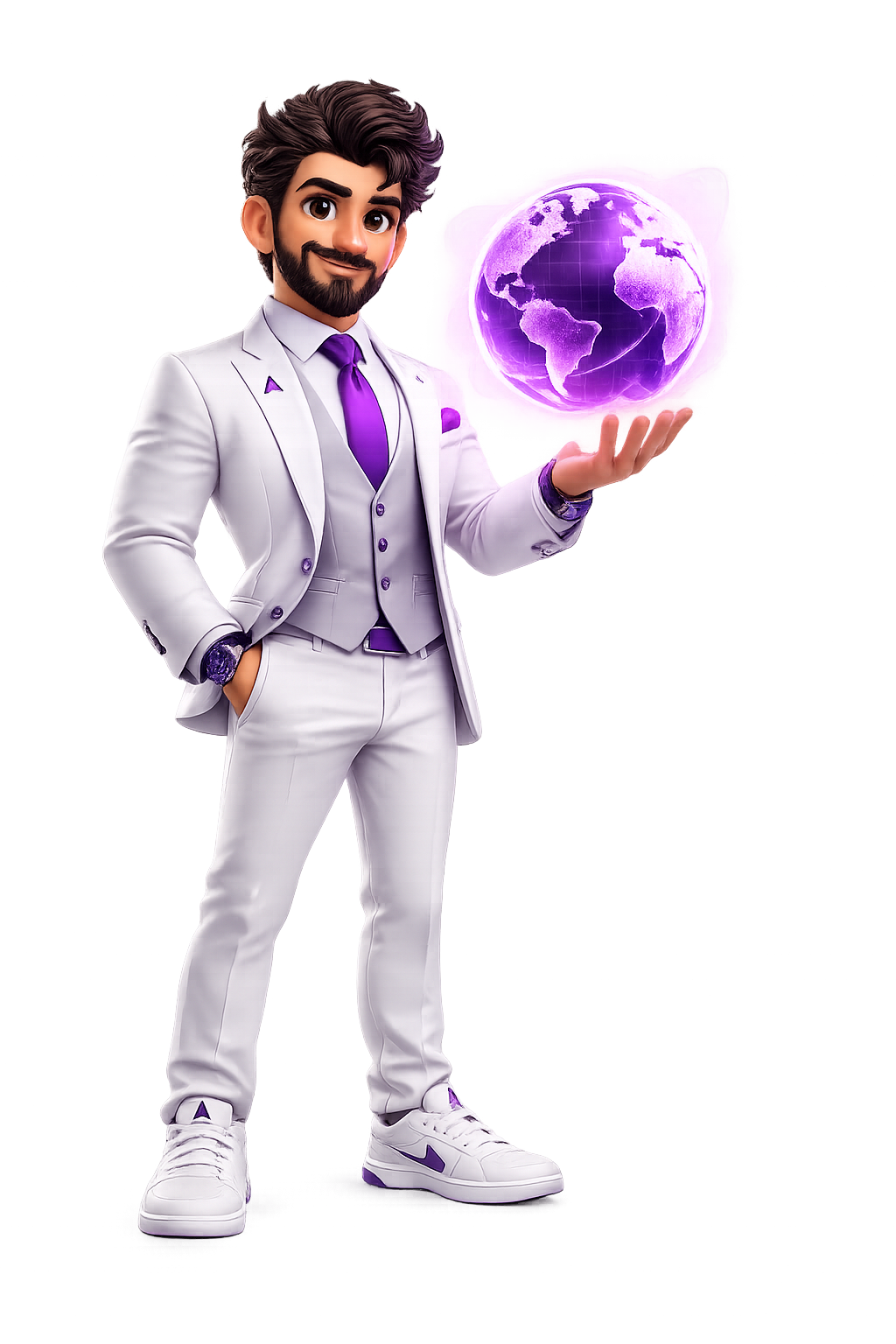Mascote Atlas Growth segurando um globo terrestre roxo — estratégia global